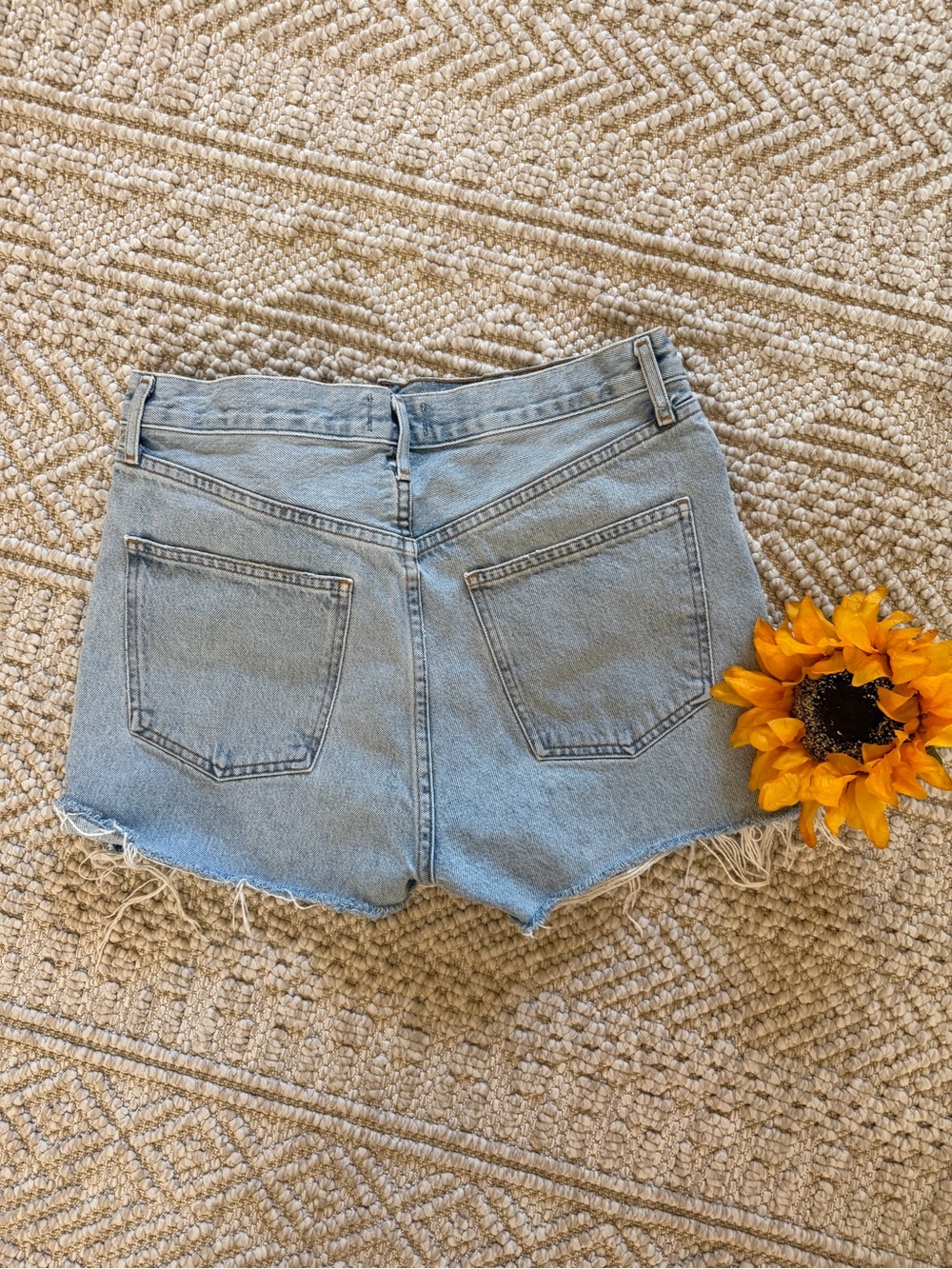 AGOLDE brand Light Wash Frayed Hem Denim Shorts - Picture 3 of 5